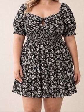 Dizzy Lizzy Floral Mini Dress women’s size L Puff Sleeve Bow Keyhole (E66)✨